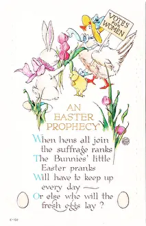 Prints of Holiday postcard depicting a rabbit with flowers and a hen holding a 'Votes for Women' sign Historic Moments from the Women’s Fight for the Vote: Suffrage Easter Prophesy Card