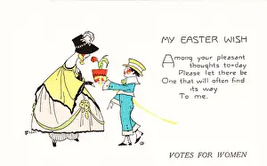 Prints of Holiday postcard depicting a young boy gifting a flowering plant to a woman, with a generic Easter verse and the words 'Votes for Women' beneath the greeting, published by PF Volland Historic Moments from the Women’s Fight for the Vote: Suffrage Easter Wish Card