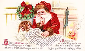 Prints of Holiday postcard depicting a perplexed Santa reading a sleeping girl's extensive Christmas list that includes 'dollies, ' 'a teddy bear Historic Moments from the Women’s Fight for the Vote: Suffrage List Christmas Card
