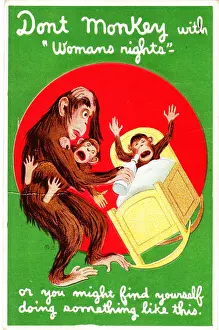 Prints of Postcard depicting a male monkey holding a crying baby monkey while trying to give a bottle to a second baby in a crib captioned 'Don't Monkey with Woman's rights - or you might find yourself Historic Moments from the Women’s Fight for the Vote: Suffrage Monkey Father