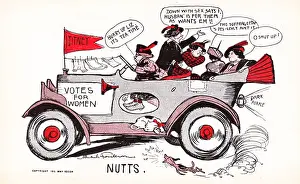 Prints of Anti-suffrage postcard, satirizing three mature suffragists driving a jitney and prattling, while a pair of younger, attractive women in the back seat look away and respond 'O Shut Up Historic Moments from the Women’s Fight for the Vote: Suffrage Nutts Postcard