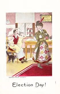 Prints of Anti-suffrage postcard, warning of the dangers of gender role reversal, with an image of a sad man caring for a pair of crying babies while his wife heads out to vote, captioned 'Election Day Historic Moments from the Women’s Fight for the Vote: Suffrage Role Reversal