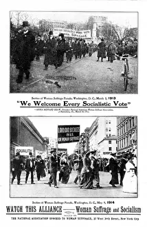 Prints of Anti-suffrage flyer with images of socialists marching in suffrage parades, warning of the danger to democracy posed by the Alliance between suffragists and socialists Historic Moments from the Women’s Fight for the Vote: Suffrage-Socialist Alliance