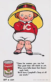 Prints of Color card, featuring a Campbell's Soup Kid, wearing a red top and yellow hat, with a pro-suffrage caption in verse below, likely illustrated by Grace Drayton Historic Moments from the Women’s Fight for the Vote: Suffragist Campell'S Soup Kid