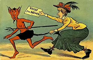 Prints of Anti-suffrage, color postcard, with an illustration depicting the devil, running in fear, from a woman wearing a yellow jacket, green skirt, and a hat with a large red bow and feathers Historic Moments from the Women’s Fight for the Vote: Suffragist Chasing Devil
