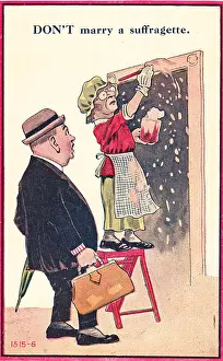 Prints of Anti-suffrage postcard, depicting a man coming home to find his wife sloppily painting a doorway, implying that the vote will enable women to take men's roles then perform poorly Historic Moments from the Women’s Fight for the Vote: Suffragist Door Painter