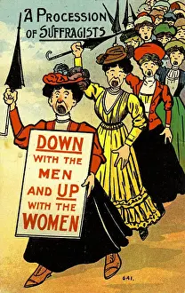 Prints of Anti-suffrage, color postcard, depicting a Procession of Suffragists, wearing Edwardian clothing, shouting, and waving umbrellas Historic Moments from the Women’s Fight for the Vote: Suffragist Procession