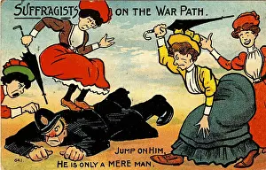 Prints of Anti-suffrage, color postcard, with a satirical illustration depicting a group of women, wearing Edwardian clothing, deriding an English bobby or policeman and attacking him with their umbrellas Historic Moments from the Women’s Fight for the Vote: Suffragist War Path
