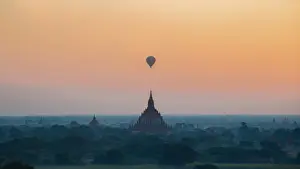 Beautiful Myanmar (formerly Burma) Prints: Sulamani pagoda temple with Hot air bolloon in the morining fog and sunrise before earthquake bagan