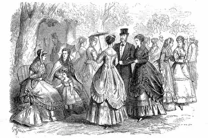 Summer fashion in 1869 in Paris, Noble people walking on Sunday afternoon, France, Historic, digitally restored reproduction of an original 19th century master, exact original date unknown