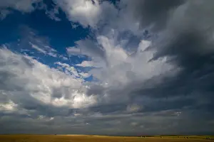 Summer morning massive cloud formations over wheat fields on South Dakota prairie, USA