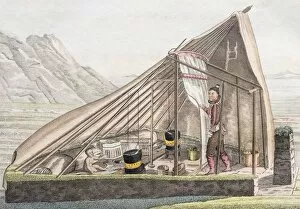 Images Dated 28th July 2018: Summer tent of the Greenlanders, hand-colored copper engraving from Friedrich Justin