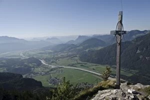 Summit cross on Mt Kranzhorn overlooking the Inn Valley, Chiemgau Alps, Upper Bavaria, Germany, Europe