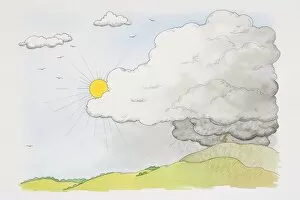Images Dated 1st August 2006: Sun emerging from behind grey cloud from which rain falls over green hillscape, front view