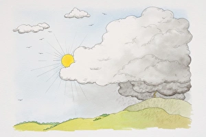 Images Dated 1st August 2006: Sun emerging from behind grey cloud from which rain falls over green hillscape, front view