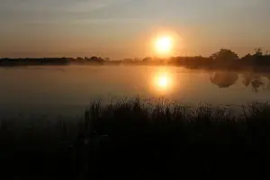 Morning Fog Prints: Sunrise, autumn fog over Big Rock Lake near Detroit Lakes, Minnesota, USA