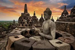 Engineering Prints: Sunrise with a Buddha Statue with the Hand Position of Dharmachakra Mudra in Borobudur