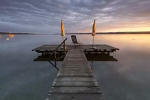 Sunrise, jetty at Lake Starnberg near Seeshaupt, Bavaria, Germany, Europe, PublicGround