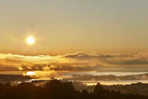Sunrise on lake Chiemsee, view from Ratzinger Hoehe, Chiemgau, Upper Bavaria, Bavaria, Germany, Europe