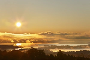 Break Of Dawn Gallery: Sunrise on lake Chiemsee, view from Ratzinger Hoehe, Chiemgau, Upper Bavaria, Bavaria, Germany