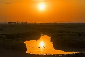 Images Dated 23rd July 2014: Sunrise with reflections in a lake, Msai Mara National Reserve, Kenya