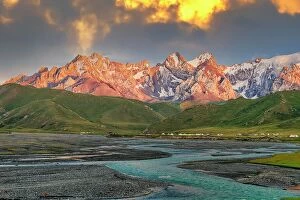 Evening Atmosphere Collection: Sunset over the Central Tien Shan Mountains and glacier river, Kurumduk valley, Naryn province