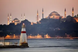 Blue Mosque Prints: Sunset in Istanbul from skudar with the Sultan Ahmed Mosque (Blue Mosque) and Hagia Sophia museum