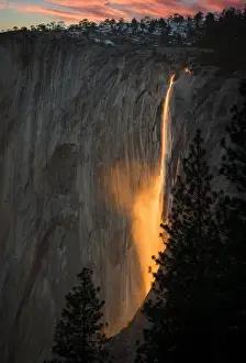 Orange Prints: Sunset play with the reflection on waterfall at Yosemite National Park