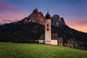 Aumphotography Prints: Sunset scenery of Church St. Valentin at Kastelruthand jagged rocks of Schlern background