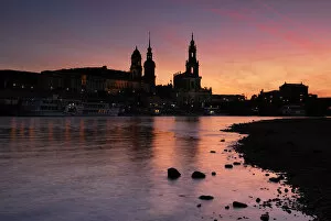 Saxon Gallery: Sunset, seen from the Elbe River with a view towards Castle Church, Dresden, Saxony, Germany, Europe