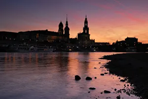 Saxon Gallery: Sunset, seen from the Elbe River with a view towards Castle Church, Dresden, Saxony, Germany, Europe