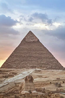 Desert Gallery: Sunset, Sphinx (foreground), The Pyramid of Chephren (background), The Pyramids of Giza