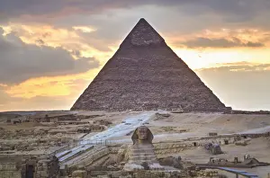 Sunset, Sphinx (foreground), The Pyramid of Chephren (background), The Pyramids of Giza