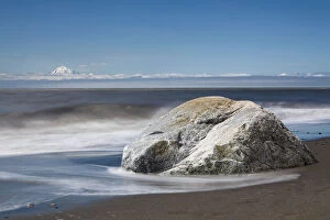 Sandy Beach Gallery: Surf on the beach of Kenai on the Kenai Peninsula with Mount Redoubt volcano, Cook Inlet, Alaska