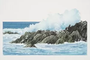 Surf crashing against rocks on shoreline