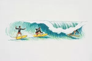 Three surfers balancing on yellow surfboards and tube riding wave