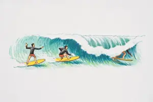 Surfing Prints: Three surfers balancing on yellow surfboards and tube riding wave