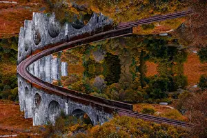 Prints of Glenfinnan train viaduct. Scotland Travel Imagery Prints: Surreal picture with mirror effect of stunning bridge with Moebius effect