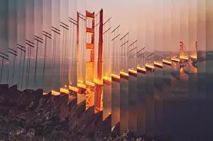 Surreal rearranged strips picture of the Golden Gate bridge at dusk with cool effect