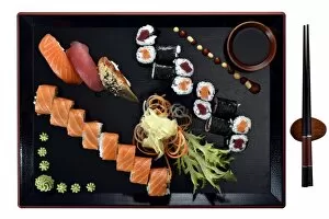 Images Dated 12th October 2014: Sushi dish with Maki, Uramaki, Nigiri with salmon, tuna, eel, fresh ginger, wasabi
