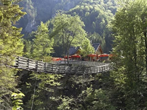 Suspension bridge across the Salza river near the Wasserlochklamm gorge, Palfau, Upper Styria, Styria, Austria, Europe