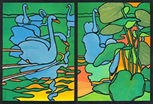 Art Noveau Prints: Swans swimming in lake at dawn decorative art nouveau 1898