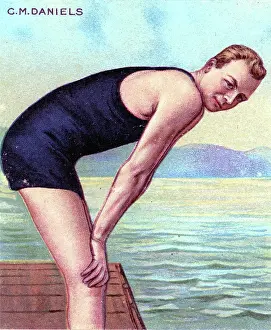 Swimming Champion C M Daniels, Hassan Cigarettes, collectible tobacco card, 1910