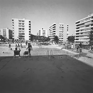 City Location Prints: Swimming pool surrounded by apartment buildings, (B&W)