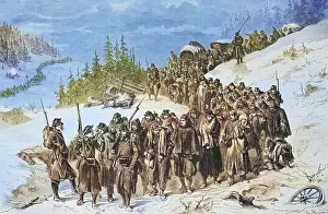 Swiss military escorting French soldiers in Neuchatel Jura on 3 January 1871, illustrated war history, German, French war 1870-1871, Germany, France, Swiss military escorting French soldiers in Neuchatel Jura on 3 January 1871