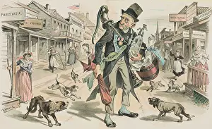 Symbol of Prohibition Being Chased by Dogs and Townsfolks