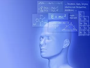 Symbolic image depicting knowledge, blue head with various written tables mathematical formulas, chemical formulas