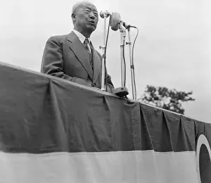 Syngman Rhee Speaking at Microphones