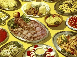 Tabletop of Platters and Bowls of Food