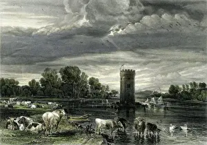 De Tabley Park, Cheshire, lake and tower 1851 (Engraved illustration)